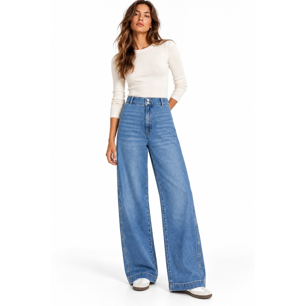 H&M High Waist Wide Leg Jeans Blue Denim Size 14 Double Button NWT